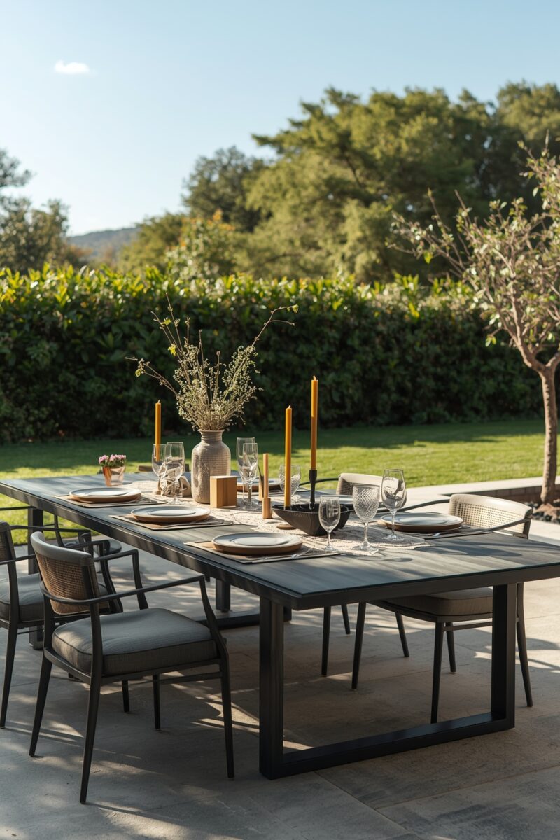 Elegant outdoor dining table set with candles, wine glasses, and floral centerpiece on a sunny patio