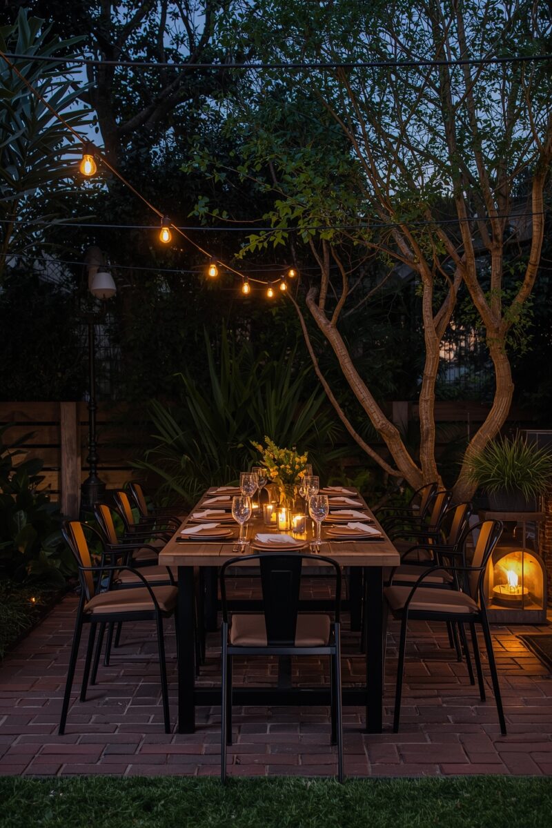 Elegant outdoor dinner table set with candles and wine glasses under string lights in a lush garden at dusk