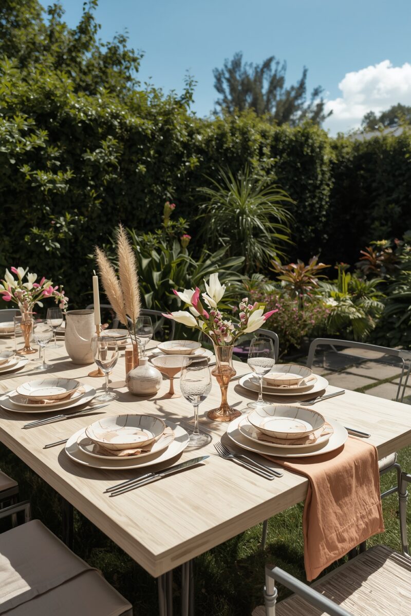 Elegantly set outdoor dining table with marble plates, crystal glasses, floral centerpieces, and pampas grass in a lush garden