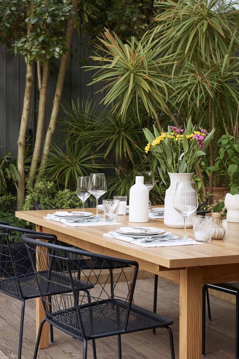 Modern outdoor dining table set with wine glasses, white ceramic vases, and fresh flowers surrounded by lush tropical plants