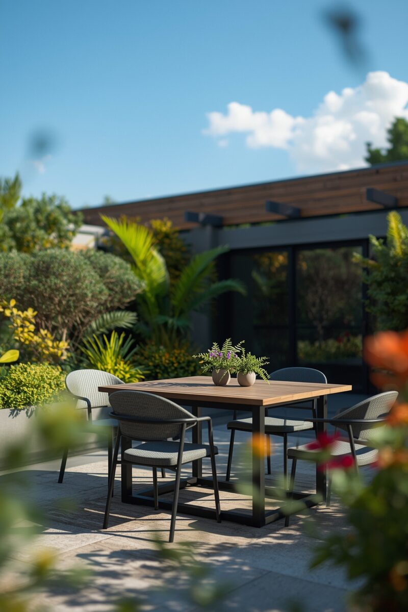 Modern outdoor patio with wooden dining table, gray chairs, potted plants, surrounded by lush tropical garden