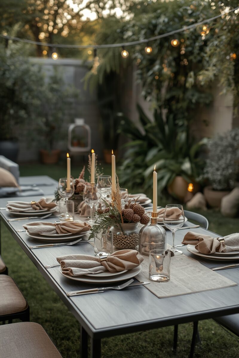 Elegant outdoor garden dining table set with candles, linen napkins, wine glasses, and string lights at dusk