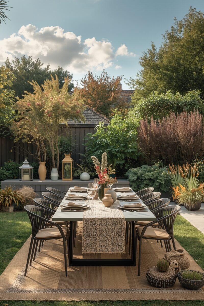 Elegant outdoor dining table set for 8 in a lush backyard garden with ornamental plants and lanterns