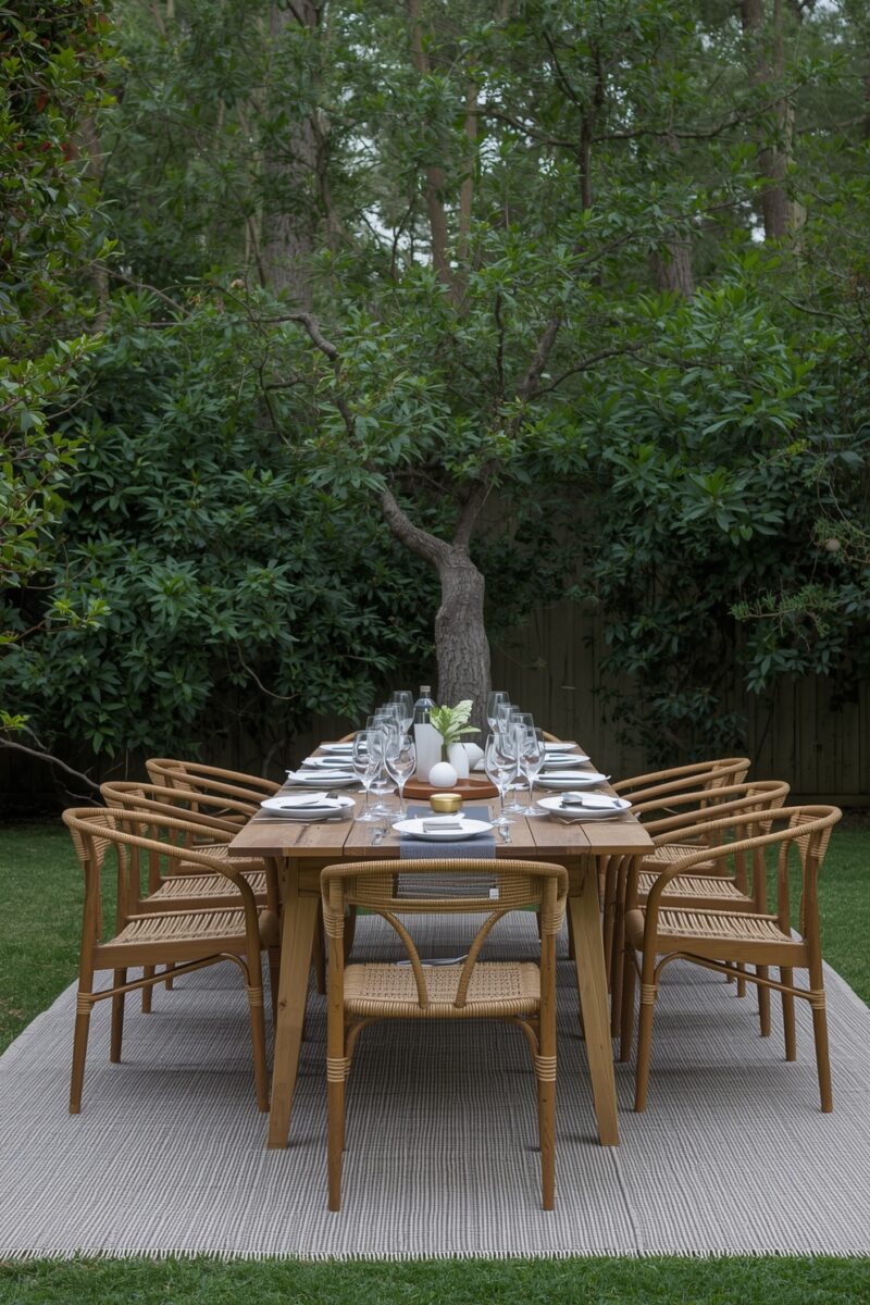 Elegant outdoor dining table with rattan chairs set for 10 guests on a rug surrounded by lush garden trees