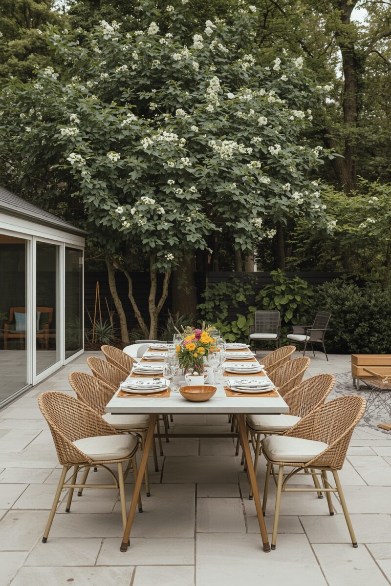 Elegant outdoor patio dining table with wicker chairs, white place settings, and flowering tree backdrop