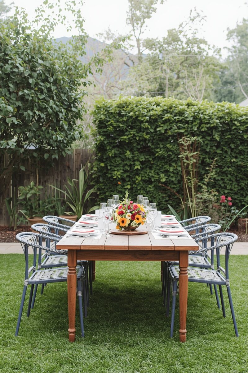 Wooden outdoor dining table set for eight with blue metal chairs, floral centerpiece, and glassware on green lawn