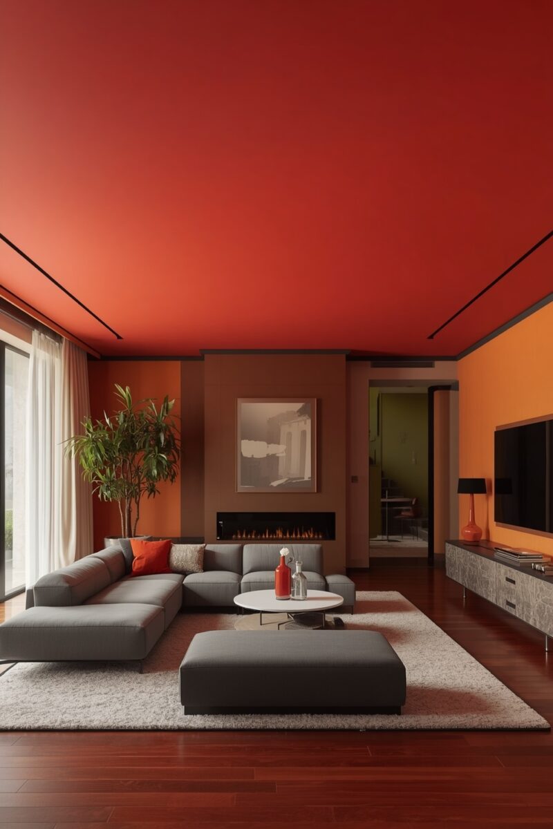 Modern living room with bold red ceiling, gray sectional sofa, orange accent walls, fireplace, and hardwood floors
