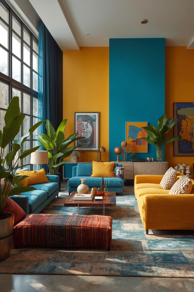 Vibrant living room with teal and yellow walls, blue and yellow sofas, tropical plants, and colorful abstract art