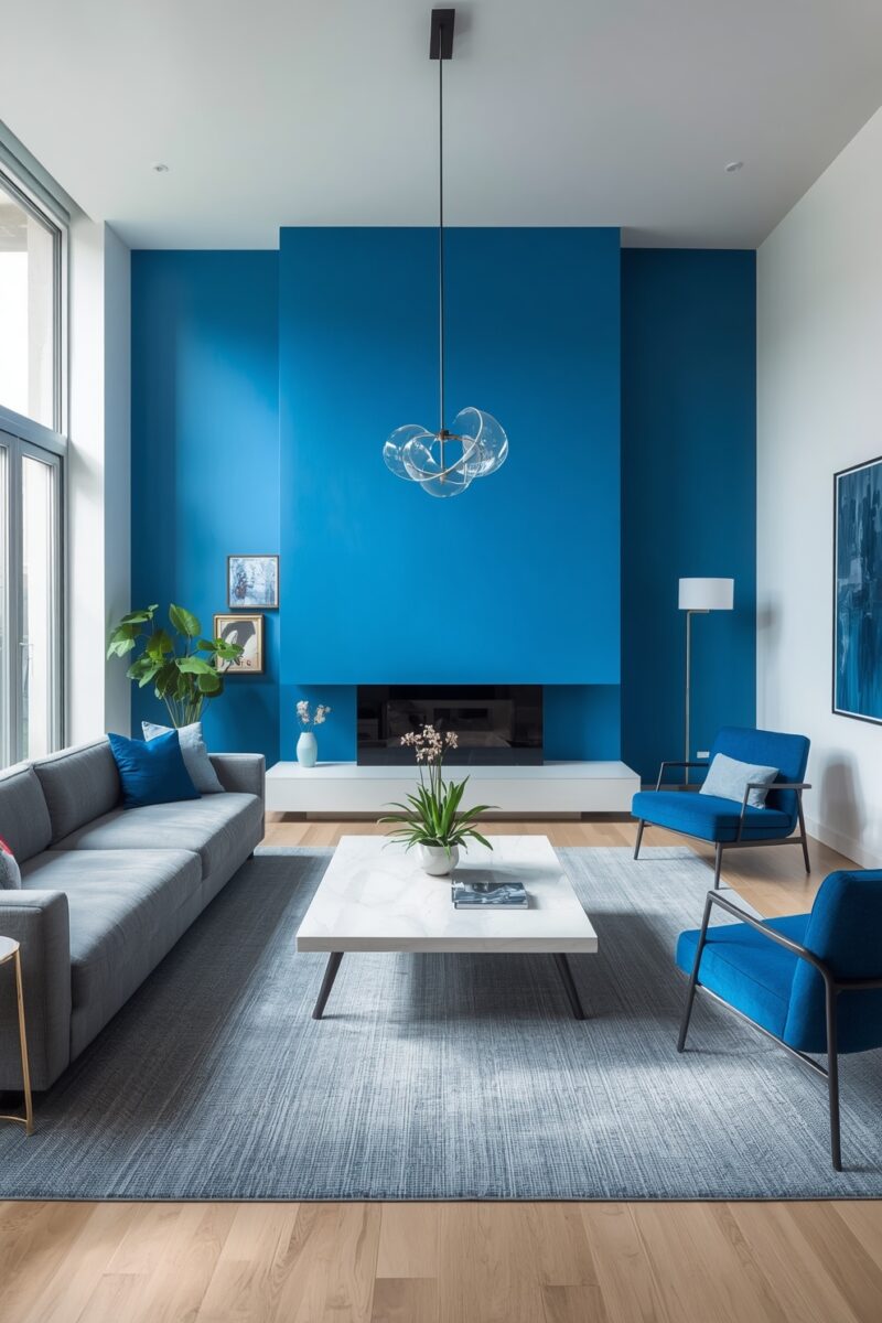 Modern living room with bold blue accent wall, gray sofas, blue armchairs, white coffee table, and sculptural pendant light