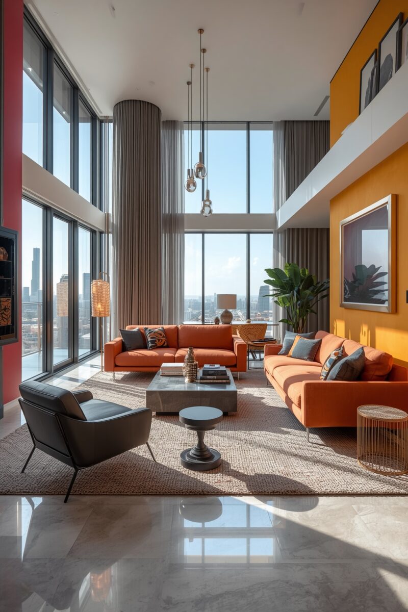 Luxury high-rise penthouse living room with orange sofas, floor-to-ceiling windows, and city skyline views