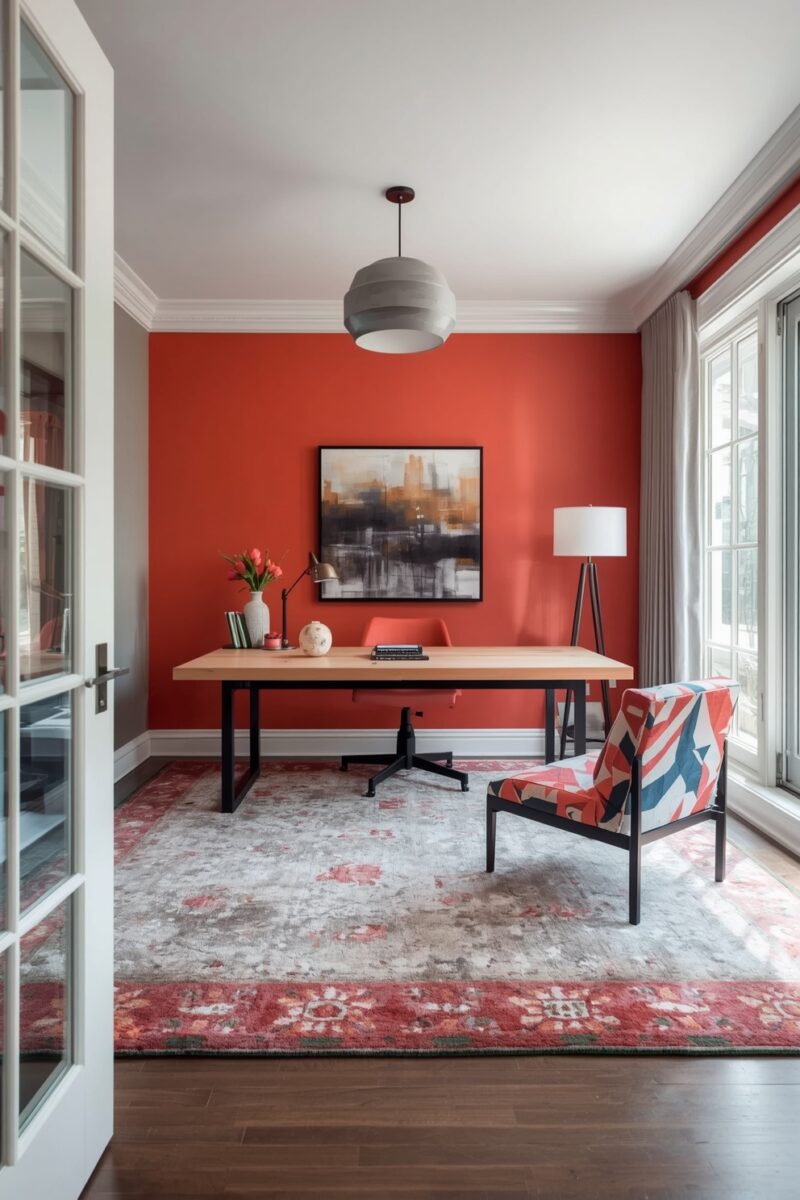 Modern home office with bold red accent wall, natural wood desk, patterned armchair, and layered area rug