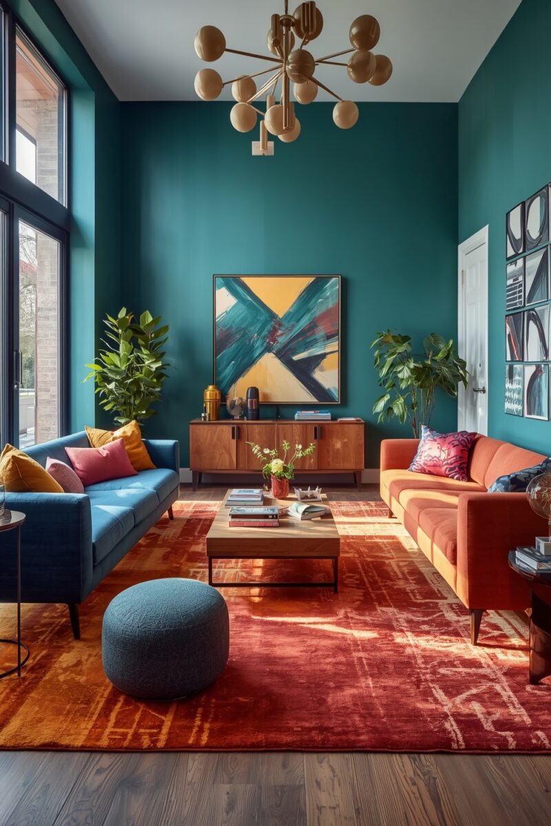 Colorful mid-century modern living room with teal walls, blue and orange sofas, red patterned rug, and abstract wall art