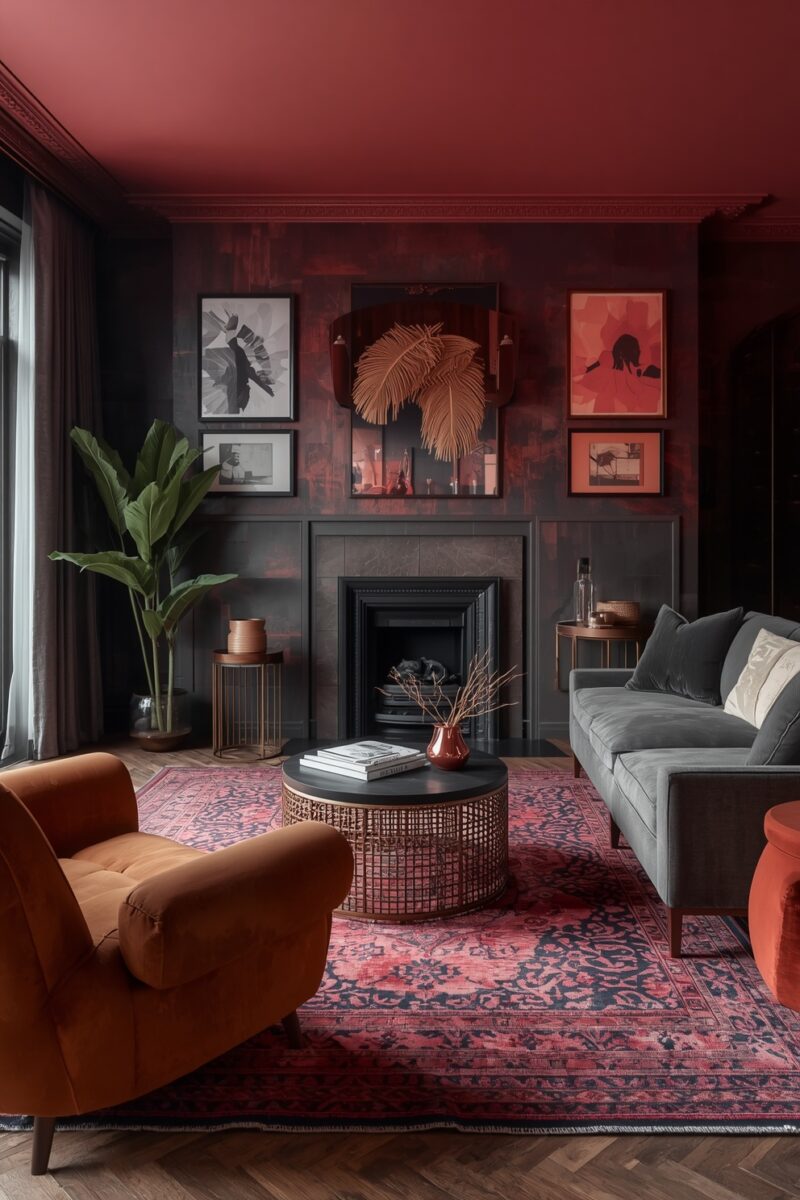 Dark moody living room with red ceiling, gray velvet sofa, rust armchair, ornate fireplace, and pink Persian rug