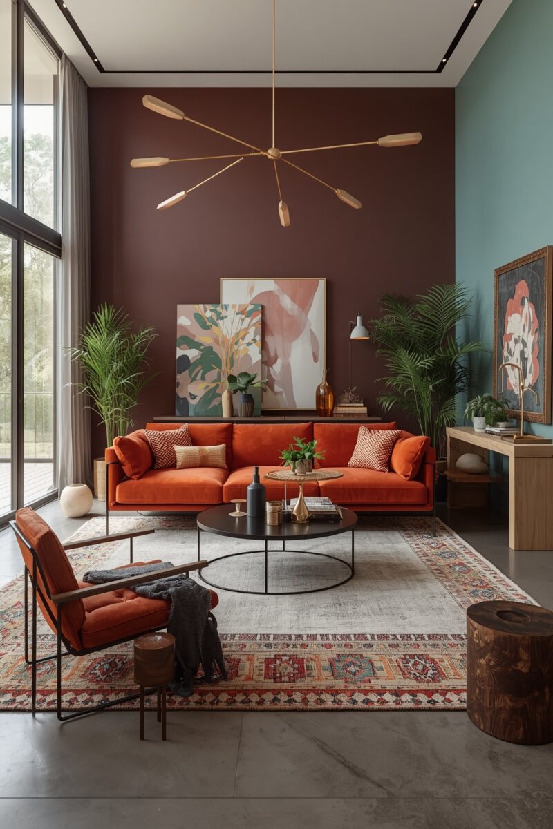Modern living room with orange velvet sofa, dark brown accent wall, teal wall, patterned rug, and tropical plants