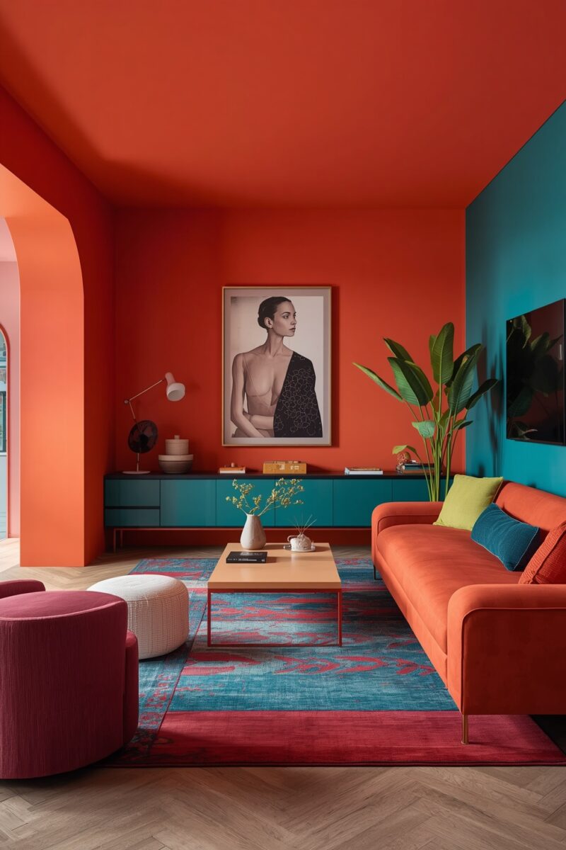 Bold living room with orange-red walls, teal accents, orange velvet sofa, patterned blue rug, and large portrait artwork