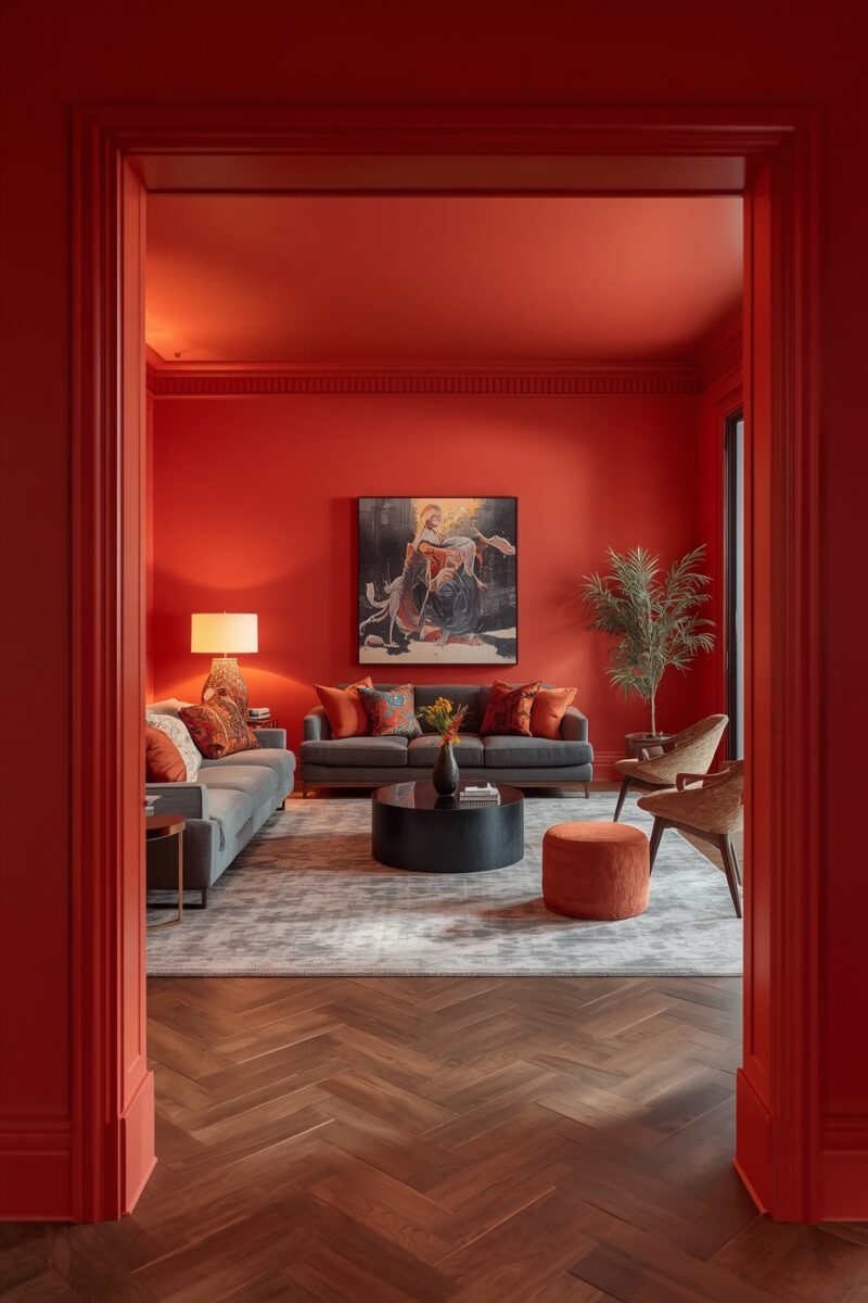 Bold red living room with gray sofas, orange cushions, black coffee table, herringbone wood floor, and large artwork on wall