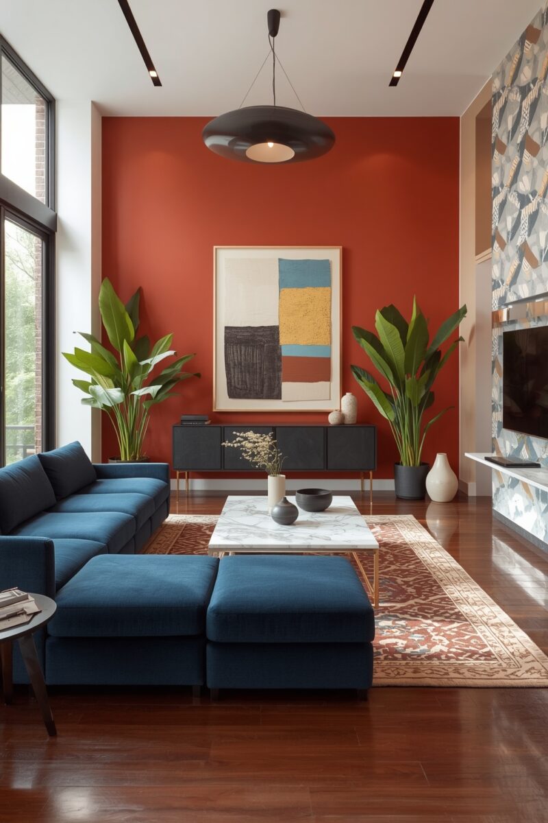 Modern living room with navy blue sectional sofa, red accent wall, abstract art, marble coffee table, and tropical plants