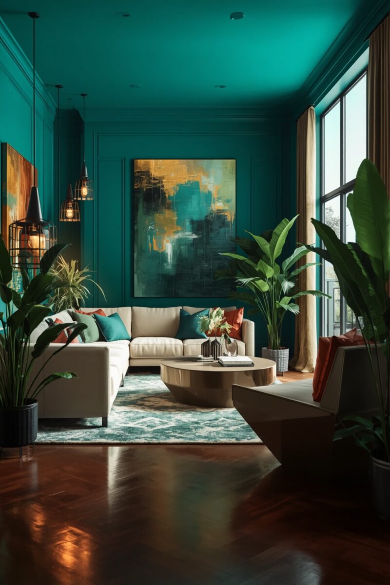 Luxurious teal living room with cream sectional sofa, tropical plants, abstract wall art, and wood coffee table