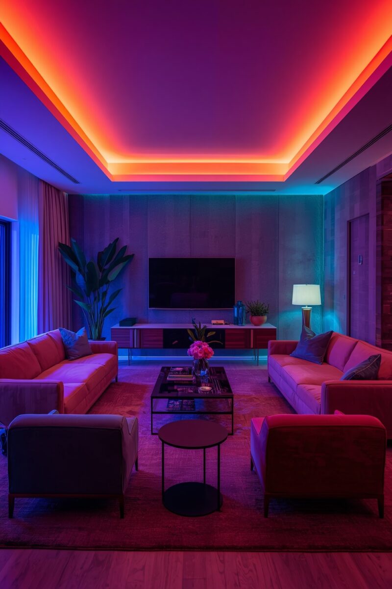 Modern living room with vibrant red-orange and blue LED strip lighting on tray ceiling, two sofas, coffee table, and wall-mounted TV