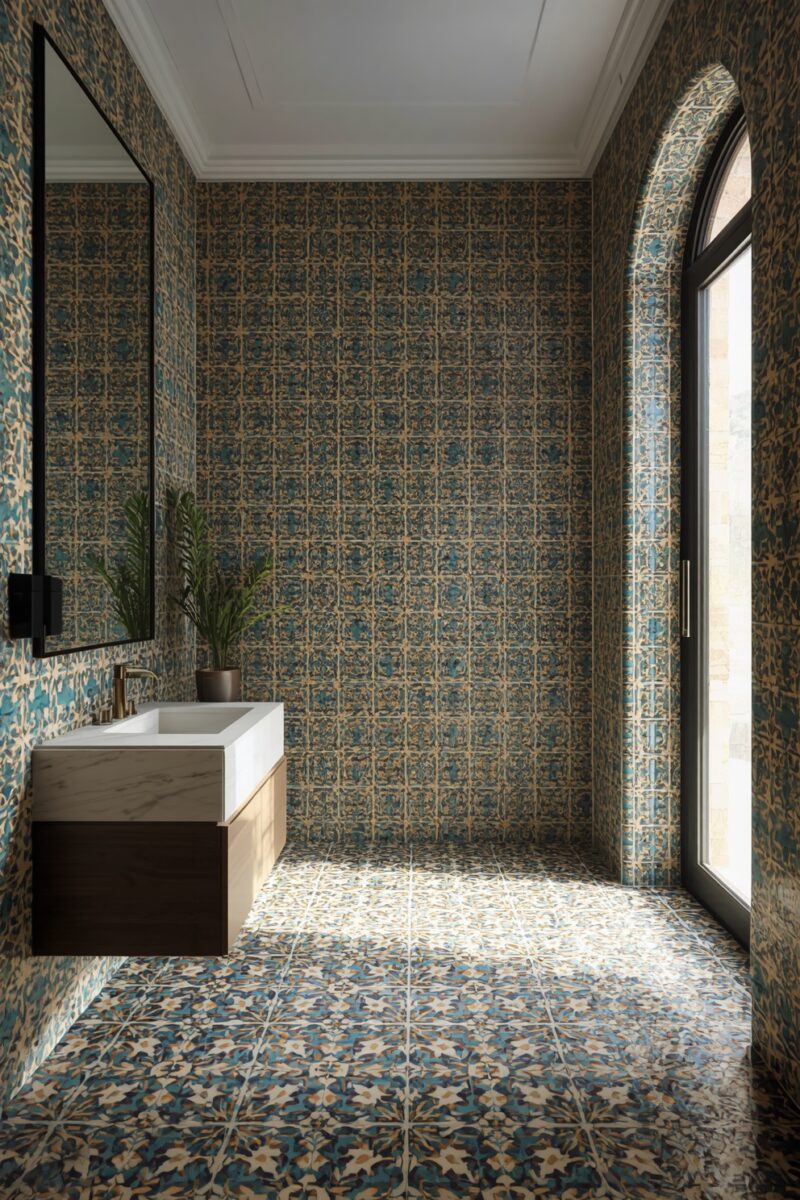 Luxury bathroom with intricate blue and gold Moroccan-style patterned tiles covering walls and floor, floating vanity, arched window