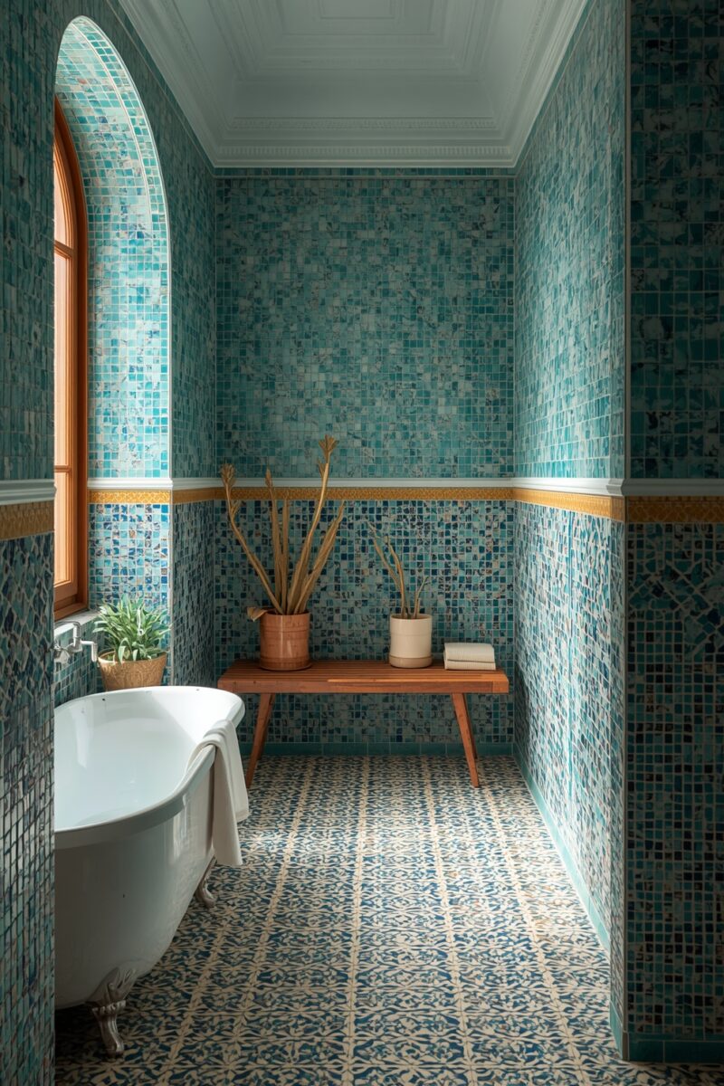 Moroccan-style bathroom with turquoise mosaic tile walls, clawfoot bathtub, wooden bench, arched window, and decorative plants