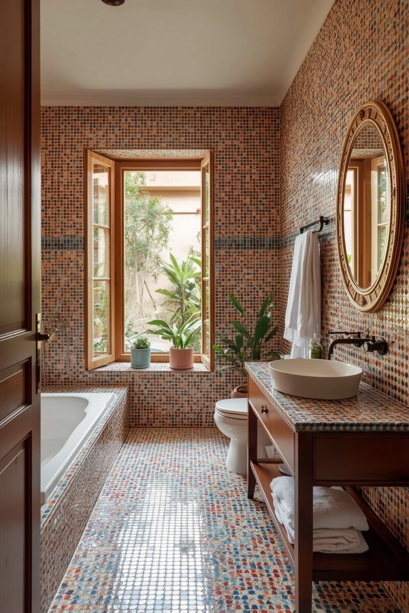 Bohemian bathroom with colorful mosaic tiles, vessel sink vanity, oval gold mirror, and open window with tropical plants