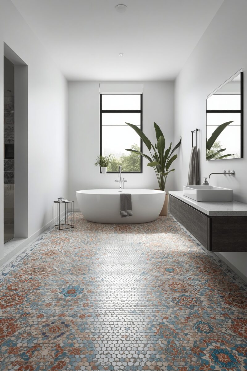 Modern minimalist bathroom with freestanding oval tub, mosaic tile floor, floating vanity, and tropical plants