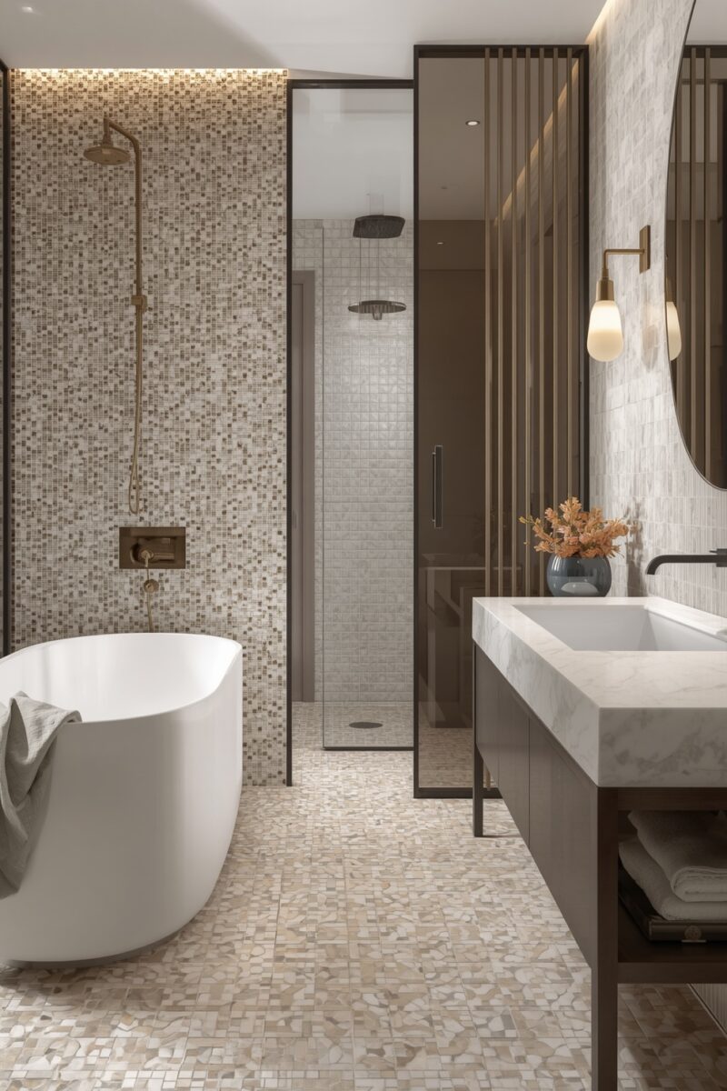 Luxury modern bathroom with freestanding white soaking tub, mosaic tile walls, glass shower, and marble vanity