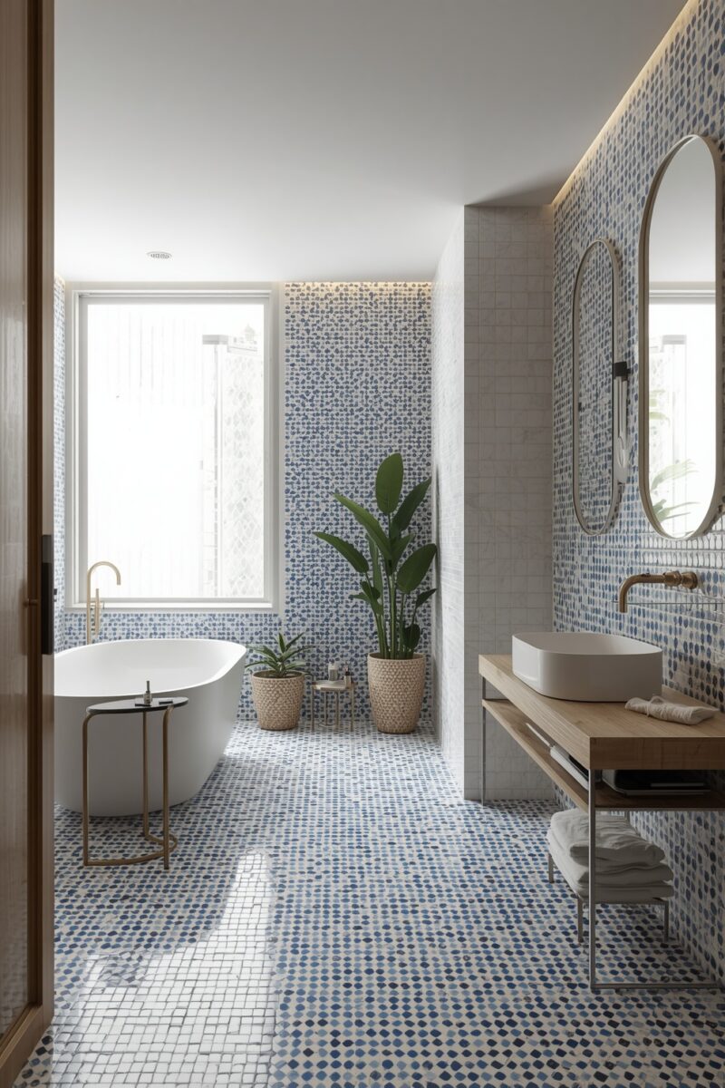 Modern bathroom with blue-white mosaic tiles, freestanding soaking tub, wooden vanity, vessel sink, and tropical plants