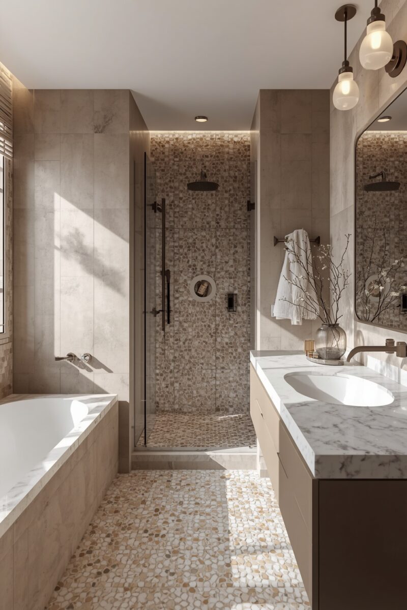 Luxury modern bathroom with pebble mosaic tiles, soaking tub, glass shower, marble countertop double vanity