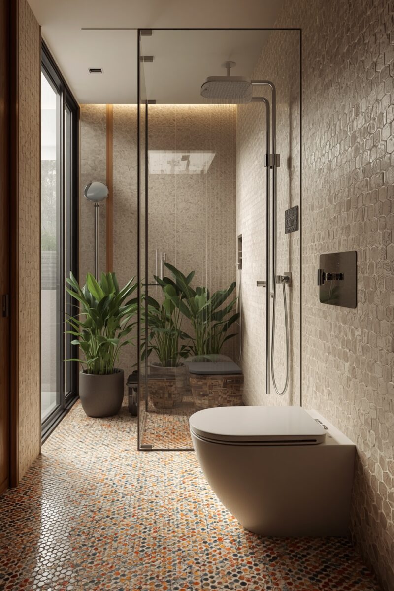 Modern spa-style bathroom with glass shower enclosure, hexagonal wall tiles, colorful pebble floor, and tropical plants