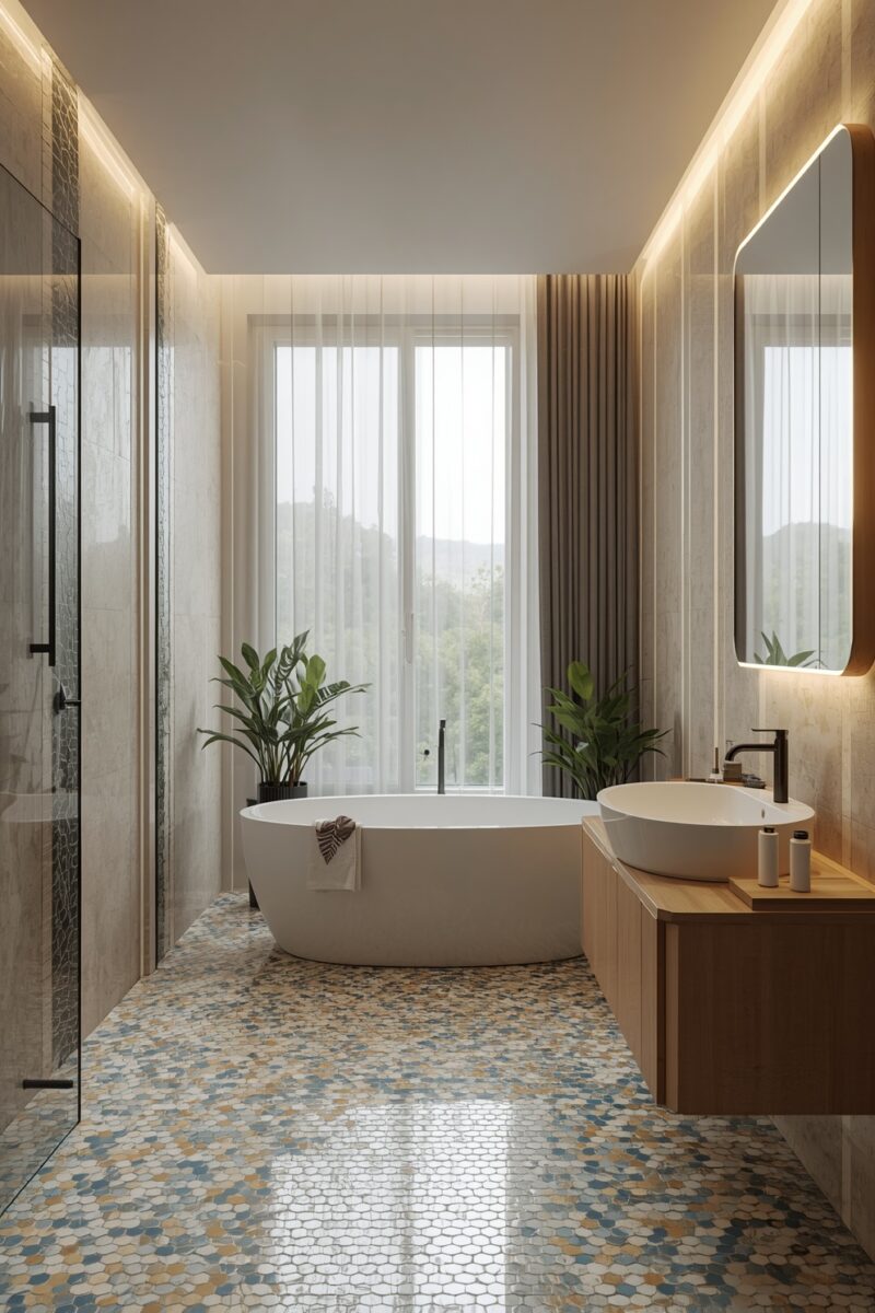 Modern luxury bathroom with freestanding oval bathtub, mosaic hexagon floor tiles, wooden vanity, and indoor plants