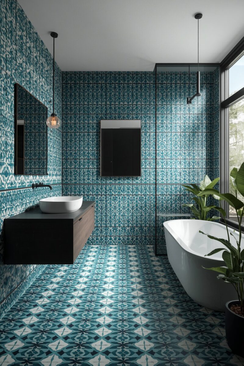 Modern bathroom with blue and white patterned tiles, freestanding white bathtub, floating vanity, and tropical plants