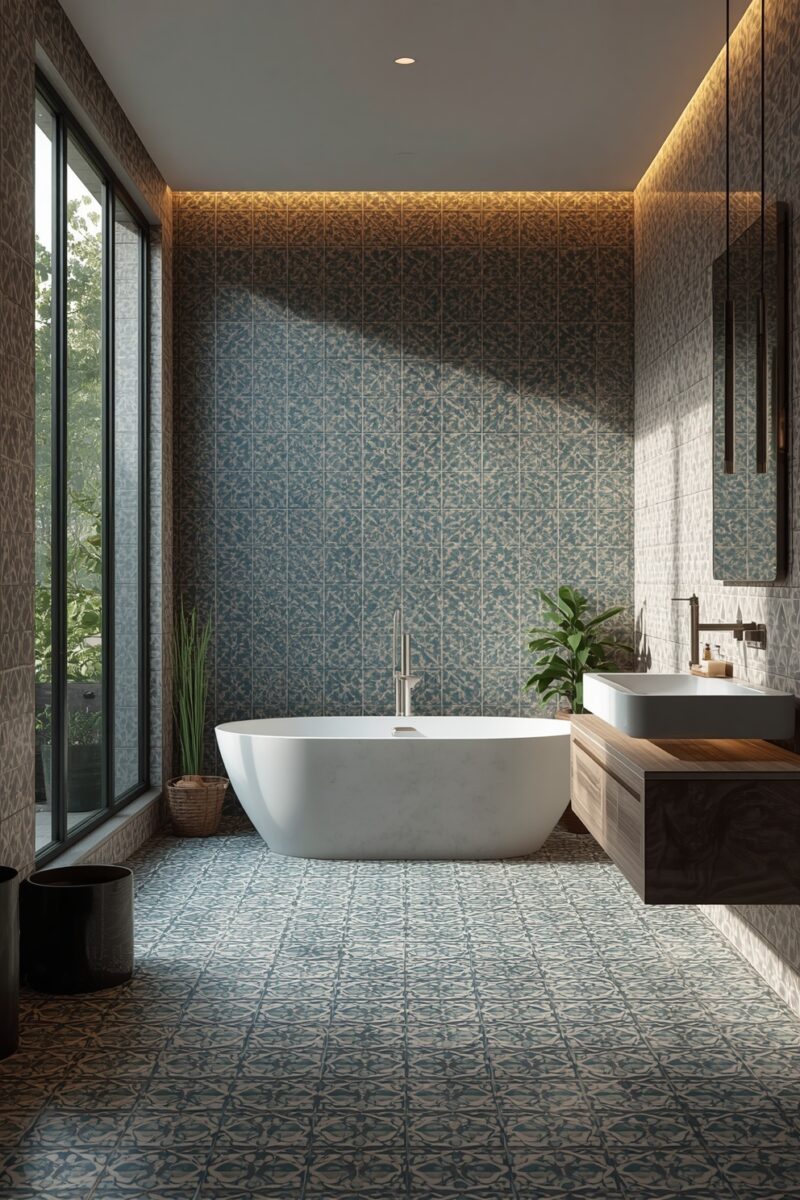 Luxury modern bathroom with freestanding white oval bathtub, blue patterned tiles, wooden vanity, and large floor-to-ceiling windows