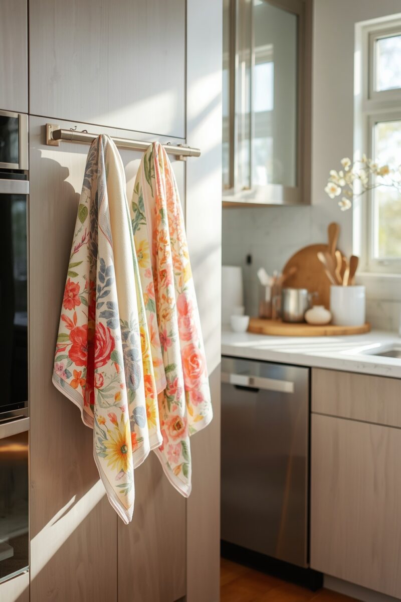Two colorful floral kitchen towels hanging on a rail mounted on a light wood cabinet in a modern kitchen