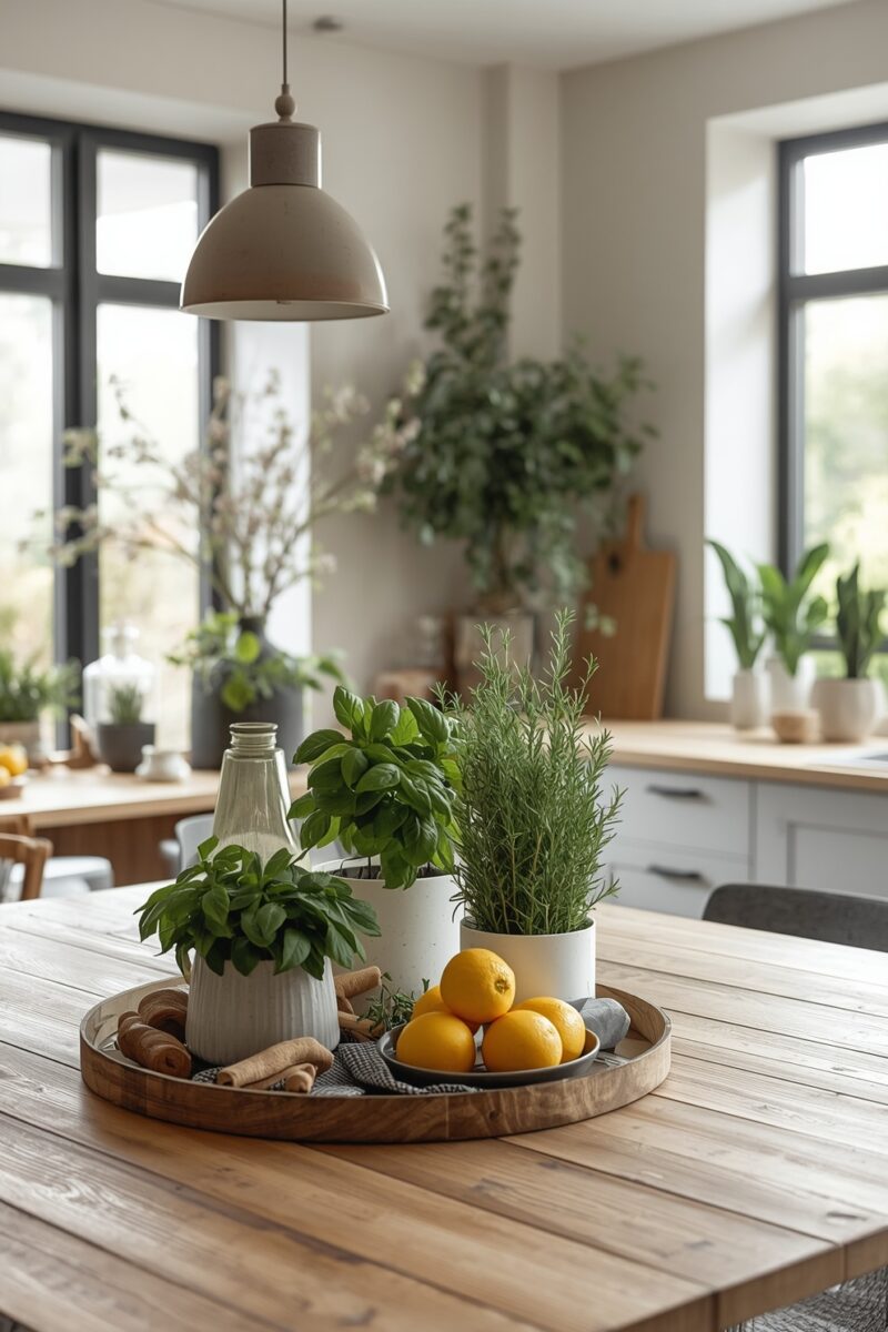 Wooden dining table with round tray centerpiece holding potted basil, rosemary, lemons, and cinnamon sticks in a bright modern kitchen