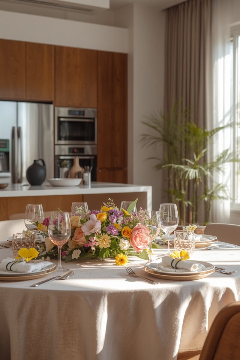 Elegant round dining table with colorful floral centerpiece, wine glasses, and gold-rimmed place settings in a modern kitchen-dining space