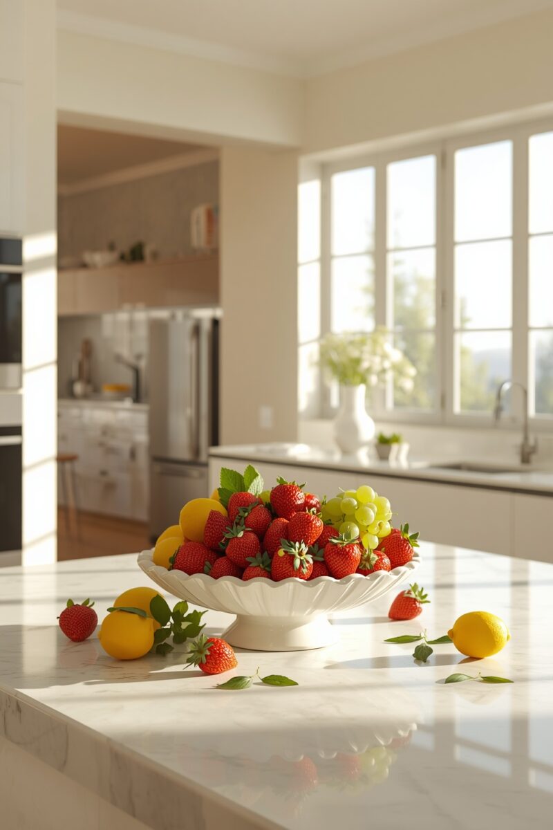 White ceramic pedestal bowl filled with fresh strawberries, green grapes, and peaches on a marble kitchen island