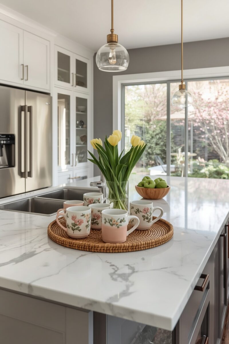 Modern white kitchen island with marble countertop, floral mugs on rattan tray, yellow tulips, and green apples