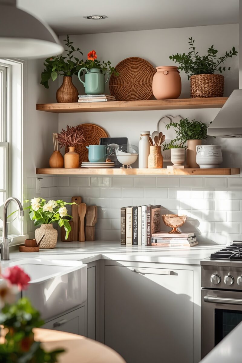 Bright kitchen with open wooden shelves styled with plants, ceramic vases, wicker baskets, and cookbooks above white subway tile