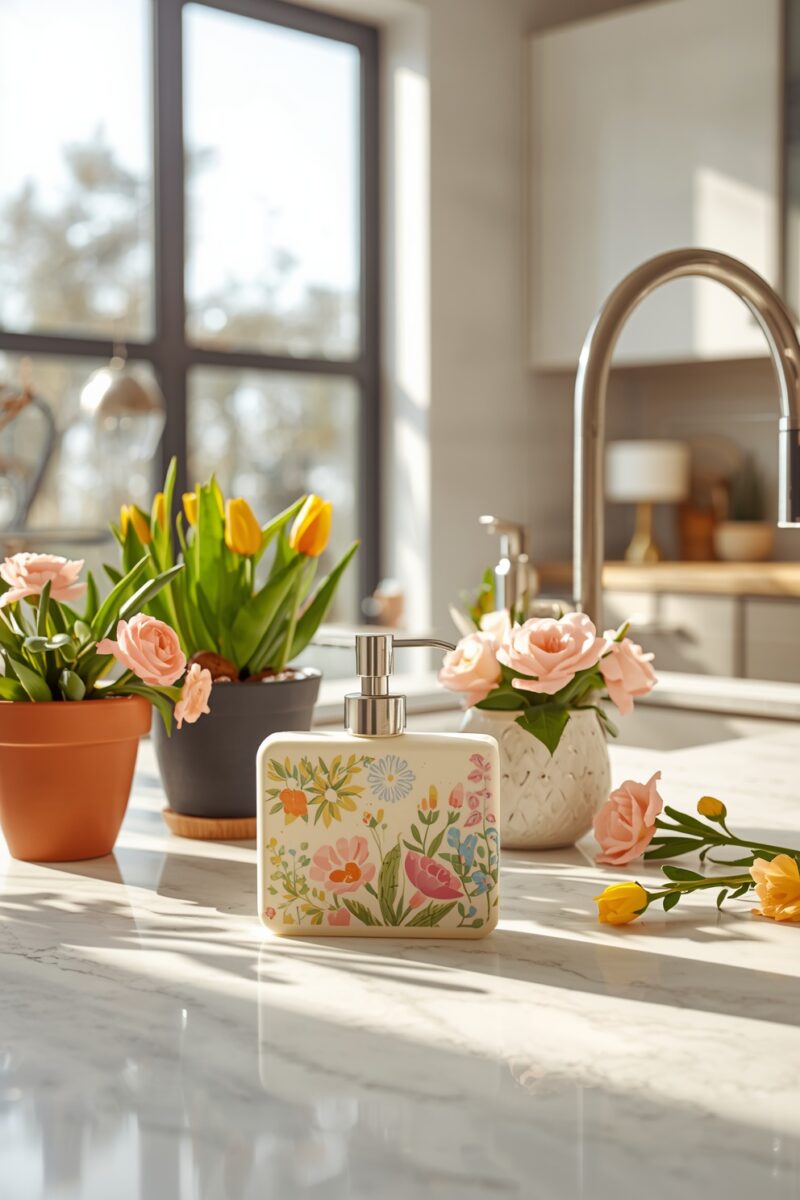 Floral ceramic soap dispenser on marble kitchen counter with pink roses, yellow tulips, and bright natural light