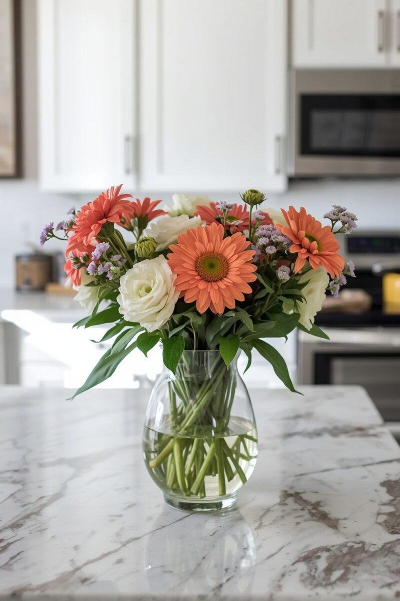 Colorful bouquet of coral gerbera daisies, white roses, and purple statice in a clear glass vase on a marble kitchen countertop