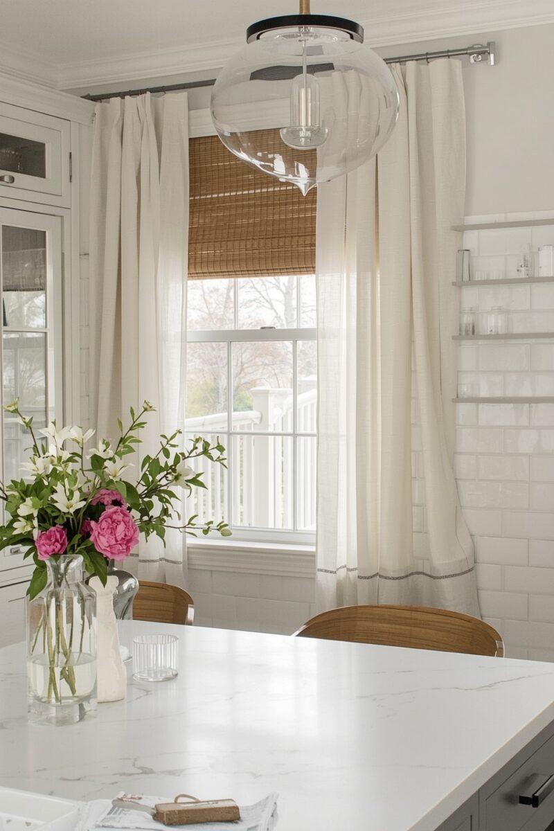 Bright kitchen dining area with cream linen curtains, bamboo roman shade, glass pendant light, and pink peony floral arrangement on white marble island