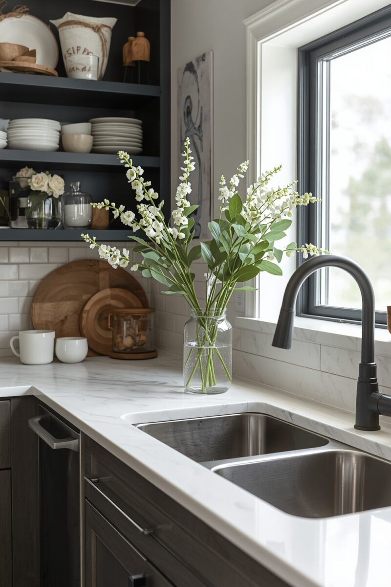 Modern kitchen with marble countertop, double stainless steel sink, matte black faucet, and white flower arrangement in glass vase