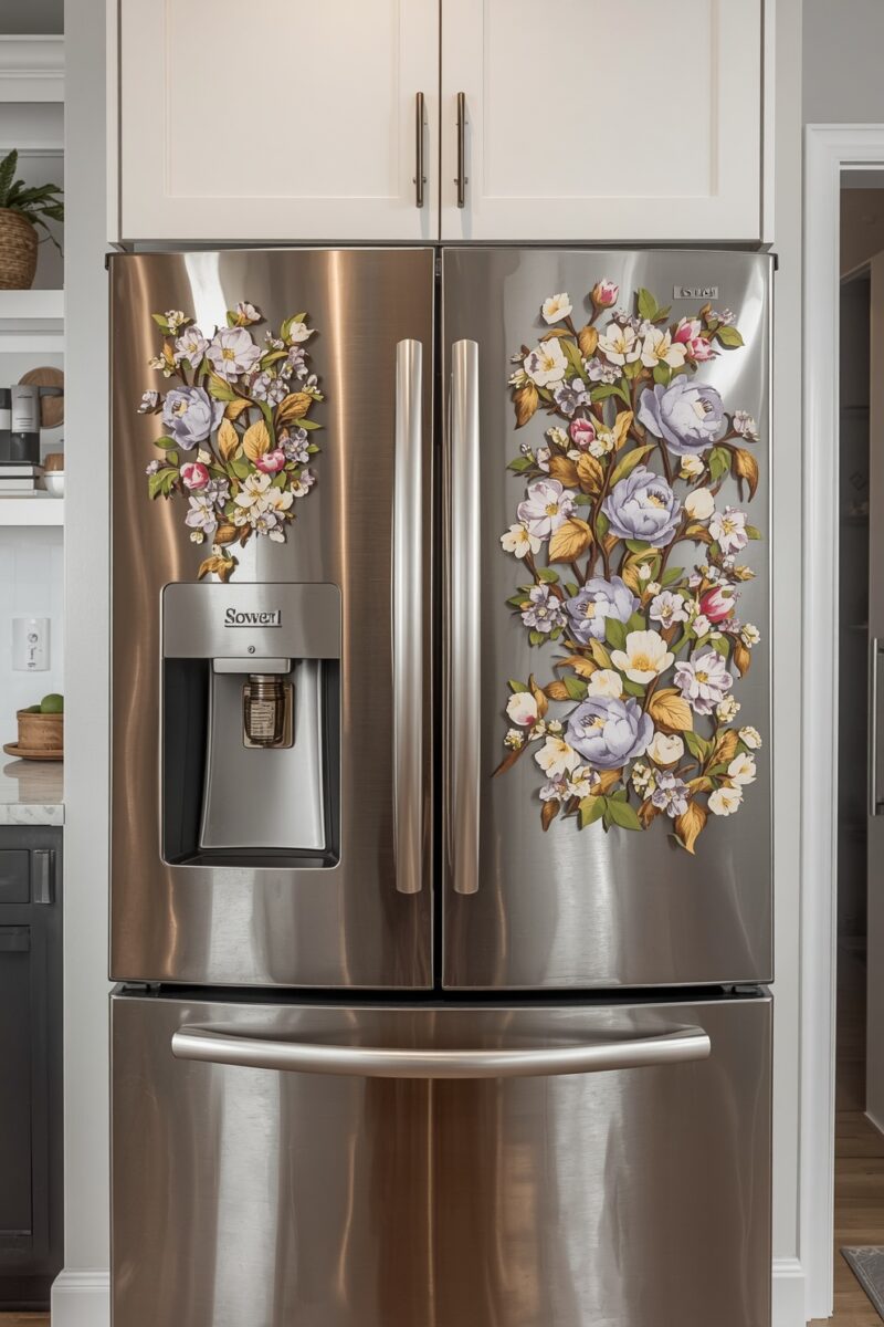 Stainless steel French door refrigerator decorated with colorful floral decals featuring peonies and blossoms