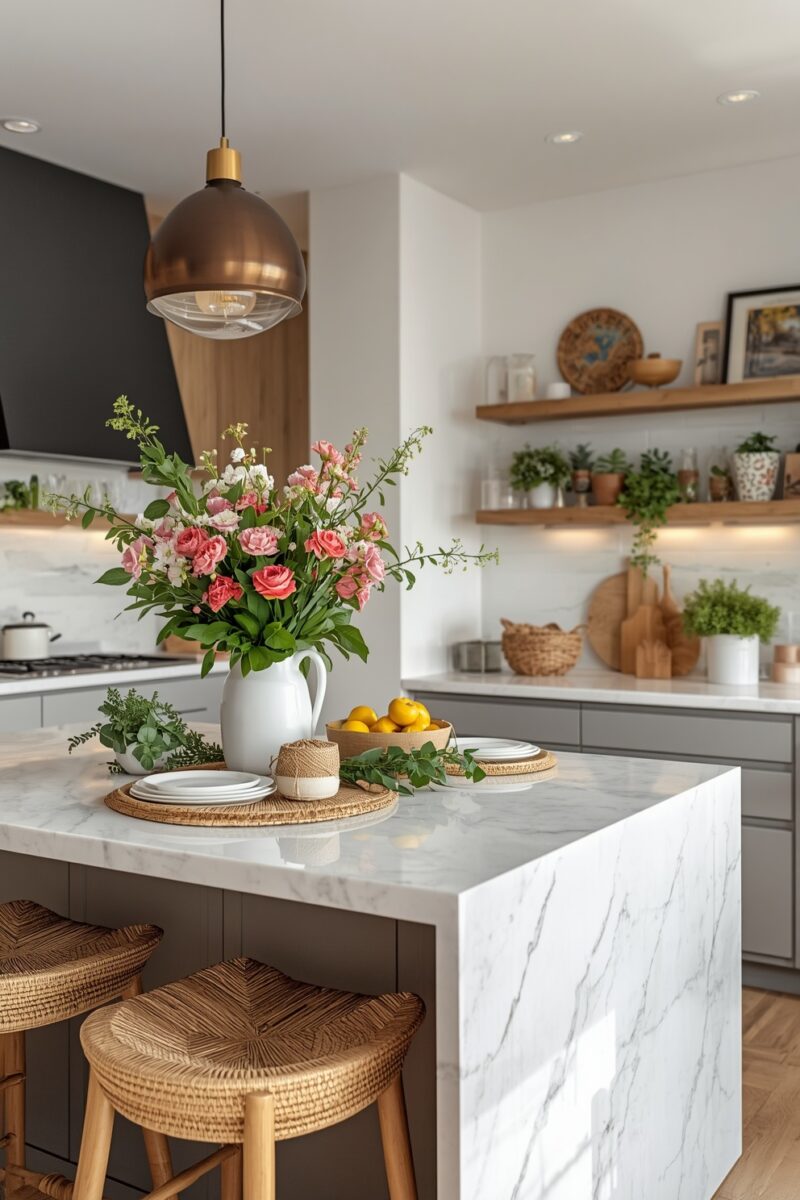 Modern kitchen island with marble countertop, pink floral arrangement, wicker stools, and copper pendant light