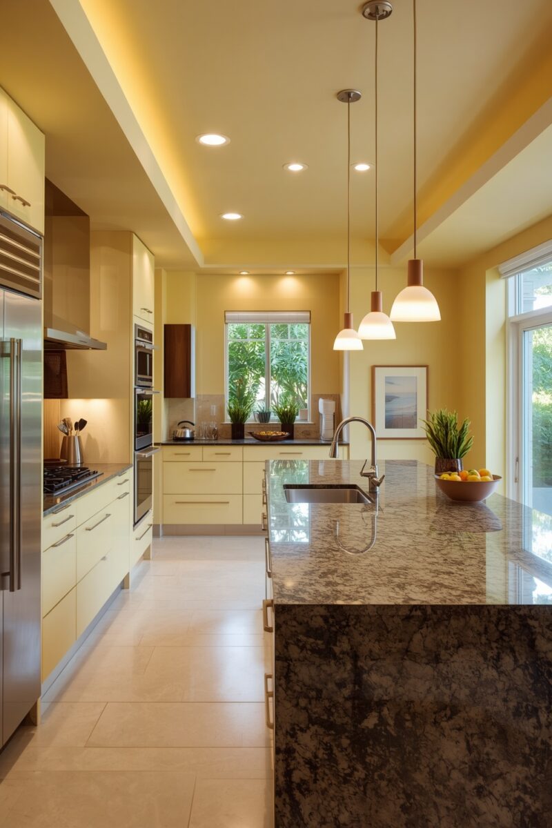 Modern kitchen with granite island, cream cabinets, pendant lights, and yellow walls with stainless steel appliances
