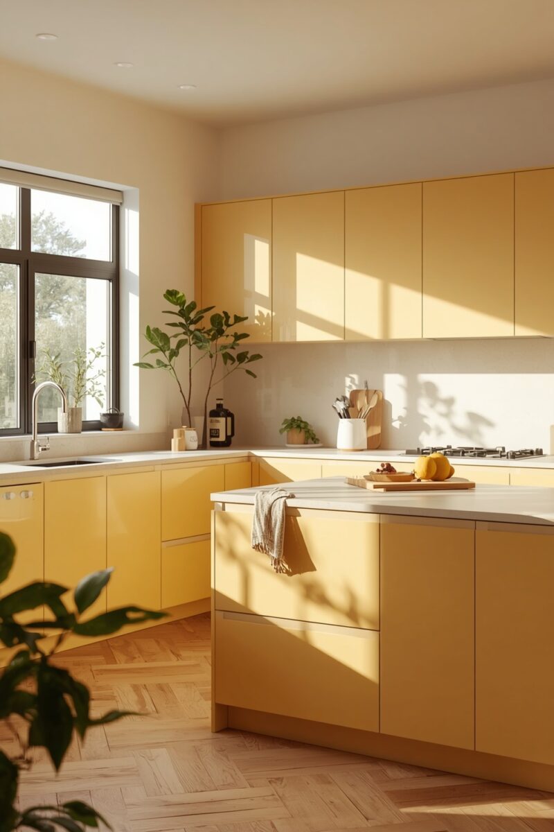 Modern kitchen with yellow cabinets, white countertops, herringbone wood floor, and natural sunlight streaming through window