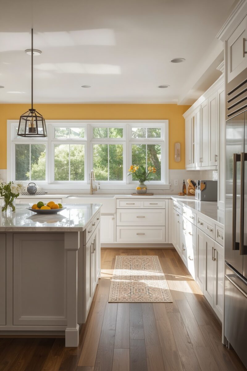 Bright white kitchen with yellow accent walls, marble island, hardwood floors, and large windows overlooking greenery