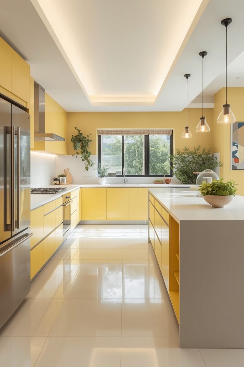 Modern kitchen with bright yellow cabinets, white countertops, stainless steel appliances, and pendant lights over island
